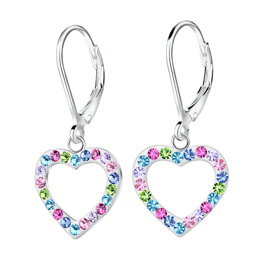 Melchior Jewellery crystal open heart drop earrings with multicolour stones on silver hooks