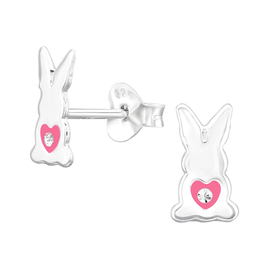 Melchior Jewellery crystal rabbit stud earrings for girls with pink heart detail and clear crystal