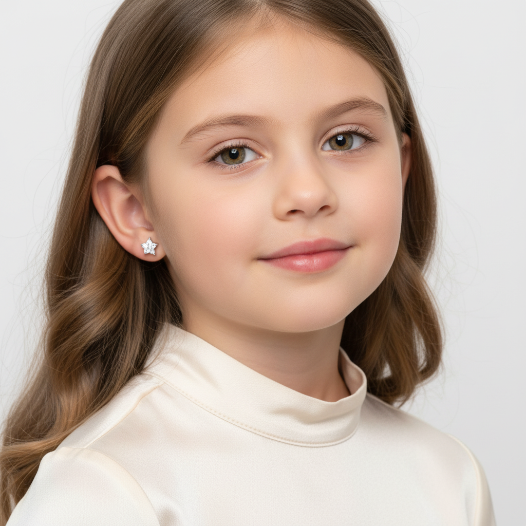 Crystal star screw back earrings for children worn by young girl with light brown hair and cream top
