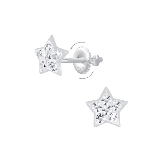Melchior Jewellery crystal star screw back earrings for children in silver with clear crystals