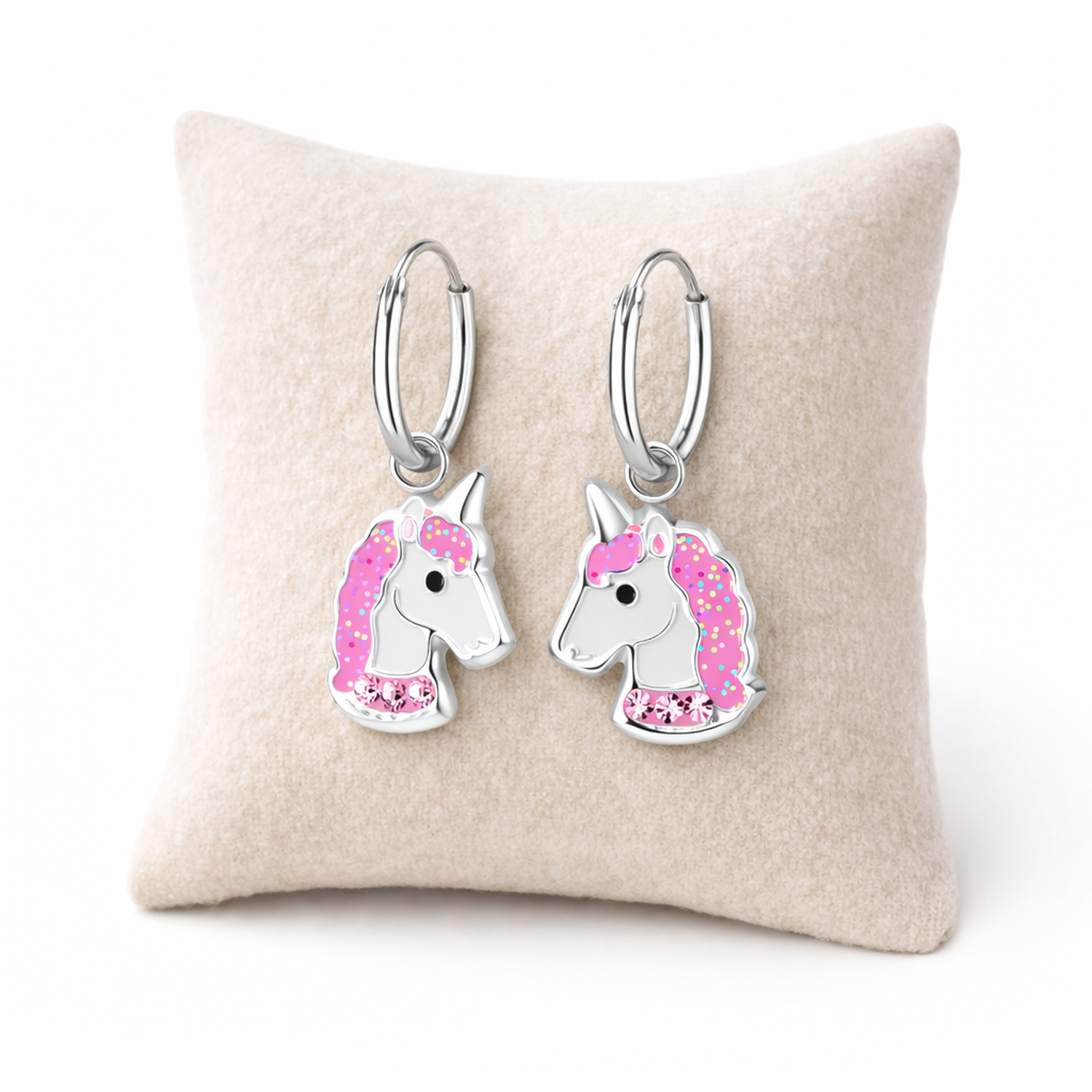 Melchior Jewellery crystal unicorn earrings for girls with pink mane and silver hoop design