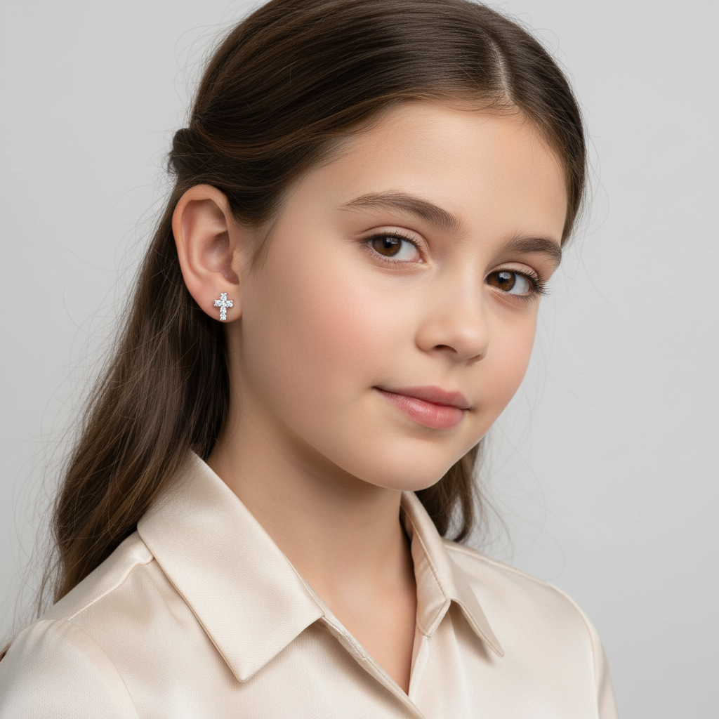 Melchior Jewellery cubic zirconia cross earrings for kids worn by young girl in cream blouse