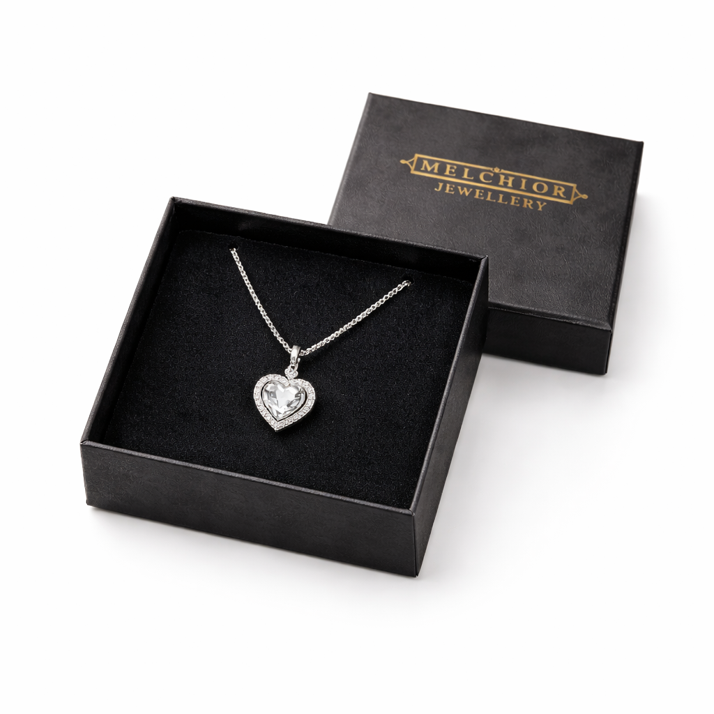 Melchior Jewellery womans cubic zirconia heart halo pendant necklace in black gift box
