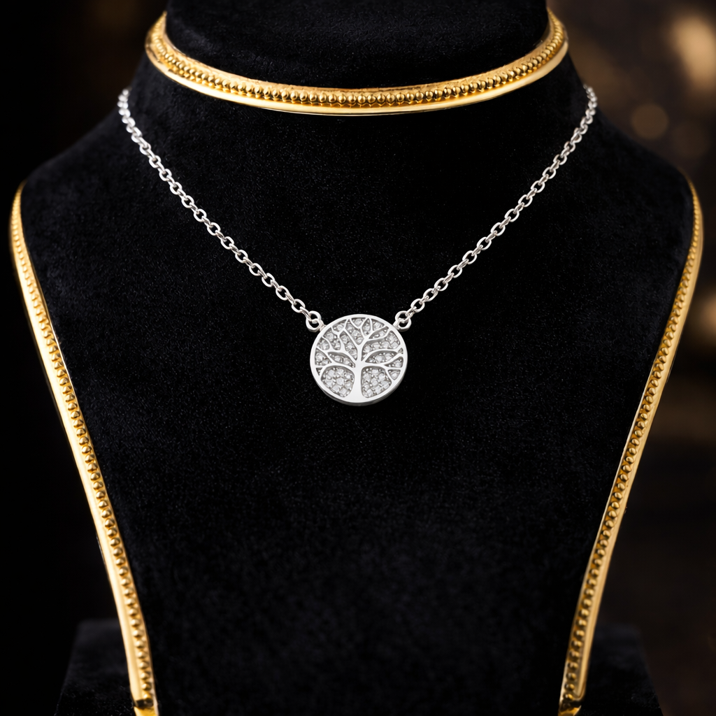 Melchior Jewellery womens cubic zirconia tree of life pendant necklace on display stand