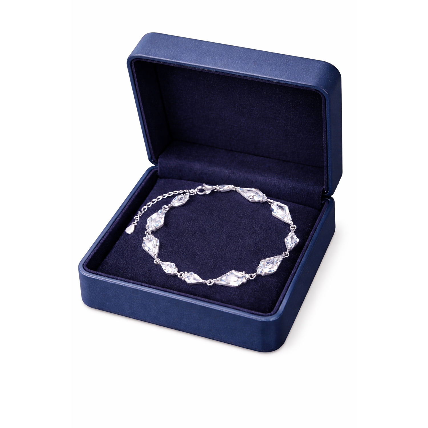 Melchior Jewellery cubic zirconia wedding bracelet in silver setting displayed in navy blue gift box