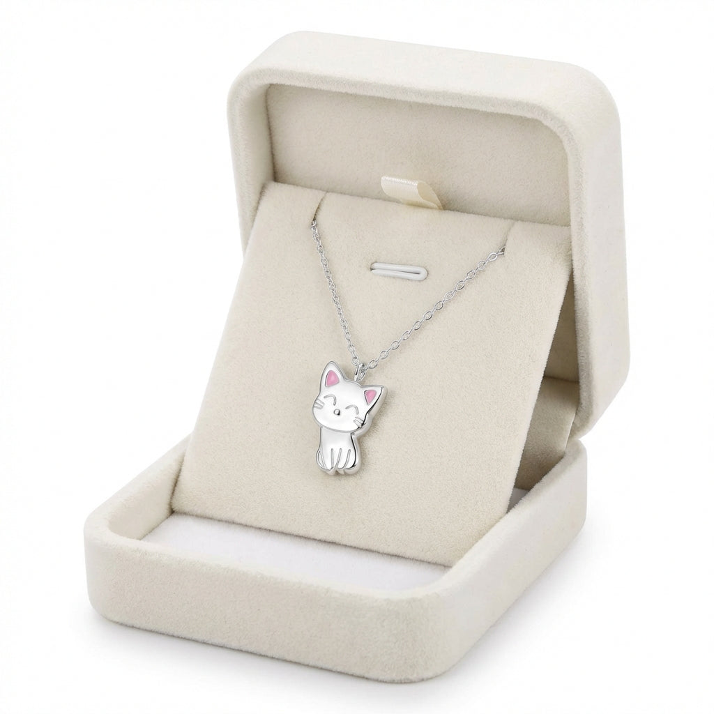 Cute cat necklace for girls by Melchior Jewellery in silver with enamel cat pendant in gift box
