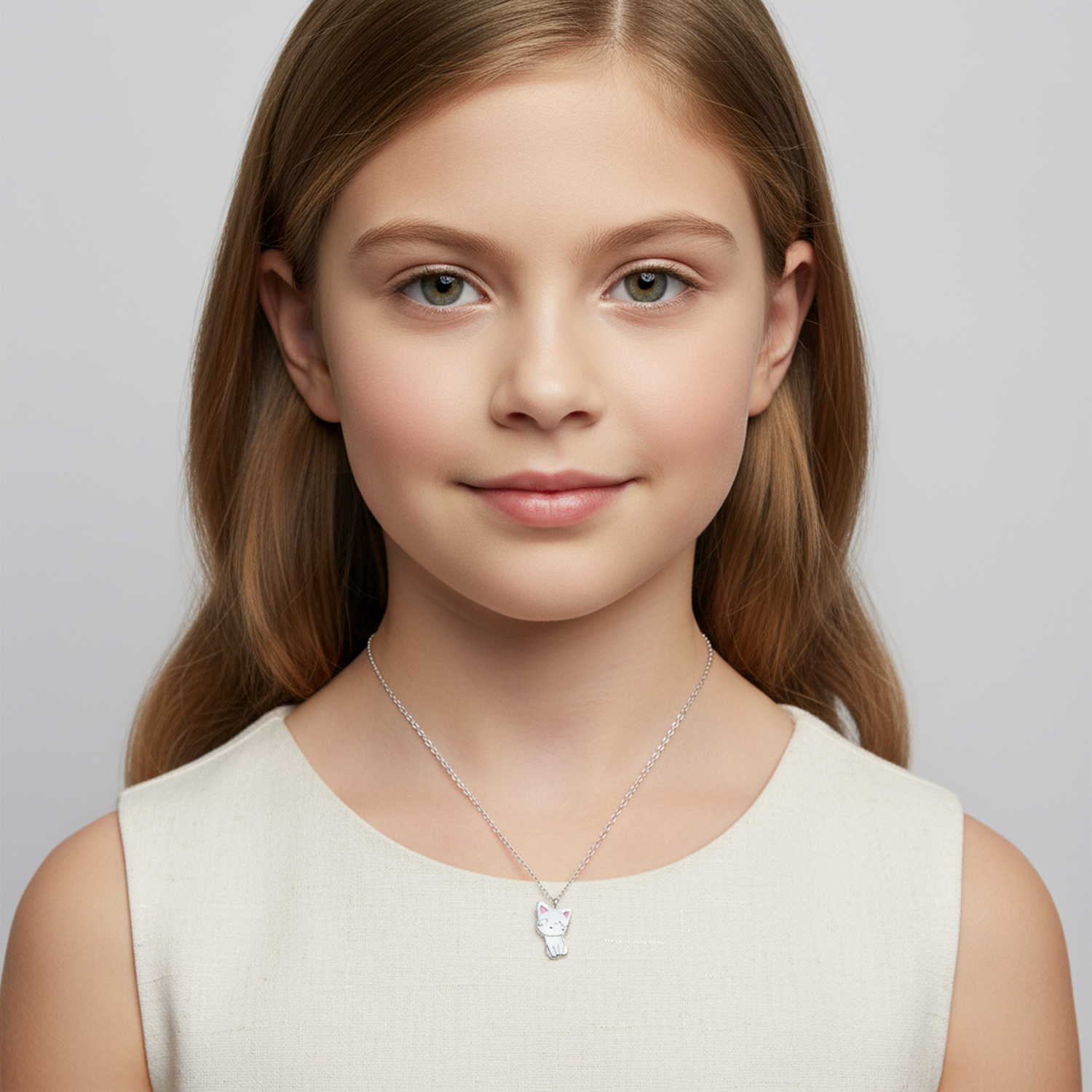Cute cat necklace for girls by Melchior Jewellery worn by young girl with long hair and white dress