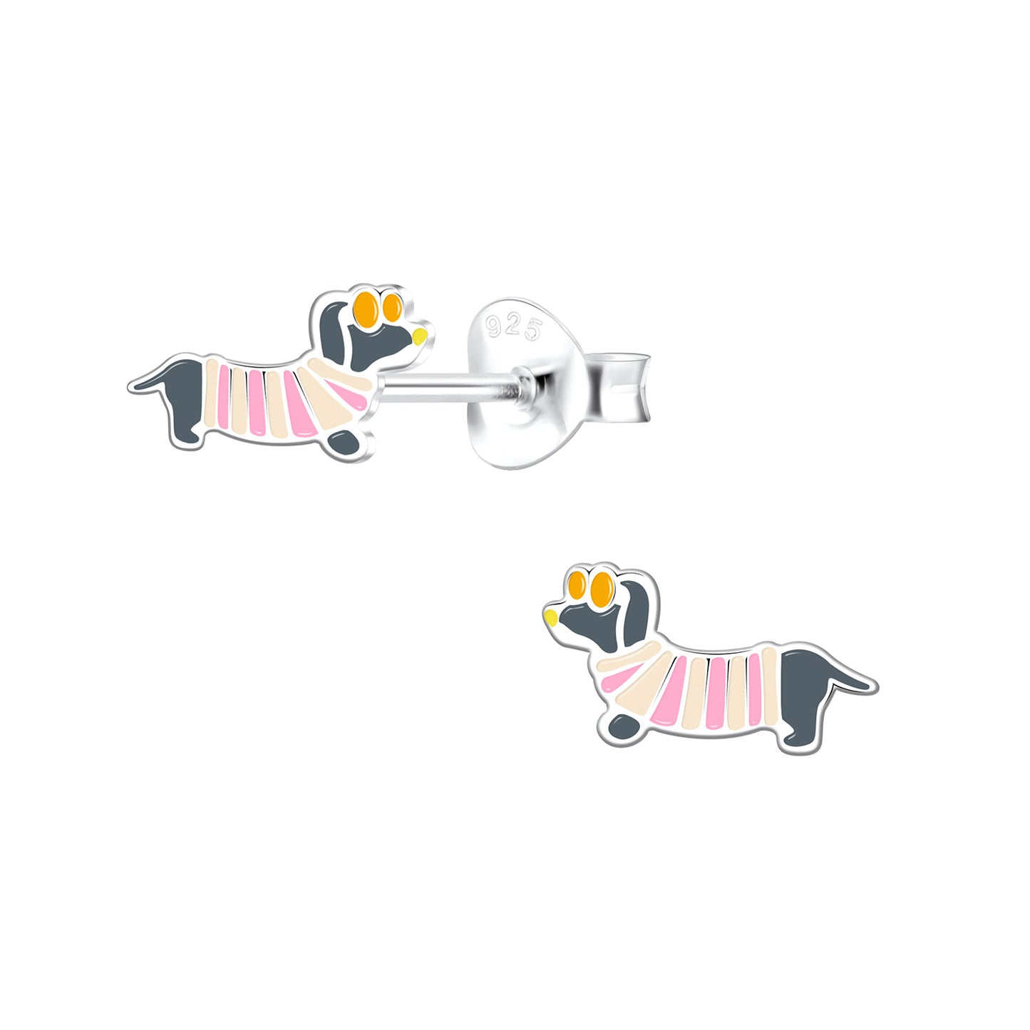 Melchior Jewellery cute dachshund earrings for girls in sterling silver with pink and yellow enamel details
