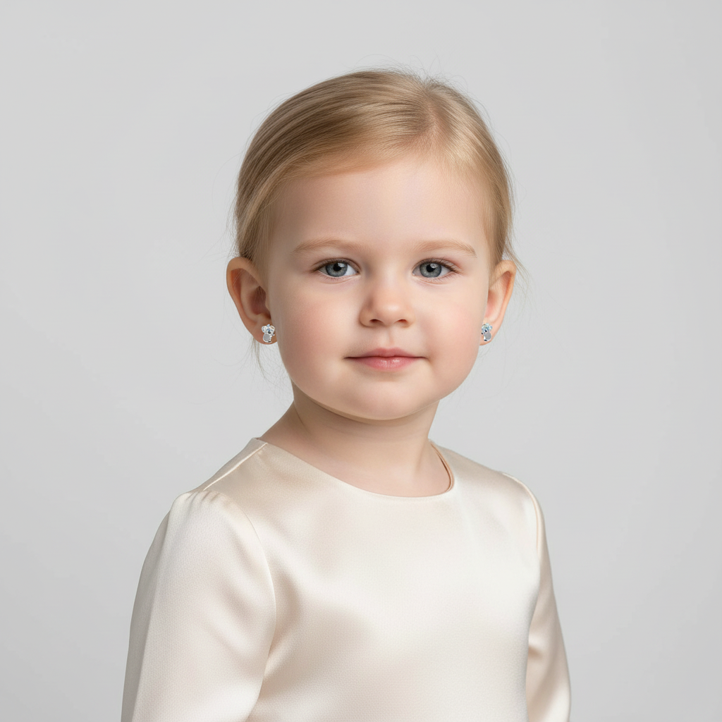 Young girl wearing cute koala earrings for girls by Melchior Jewellery with a cream satin dress