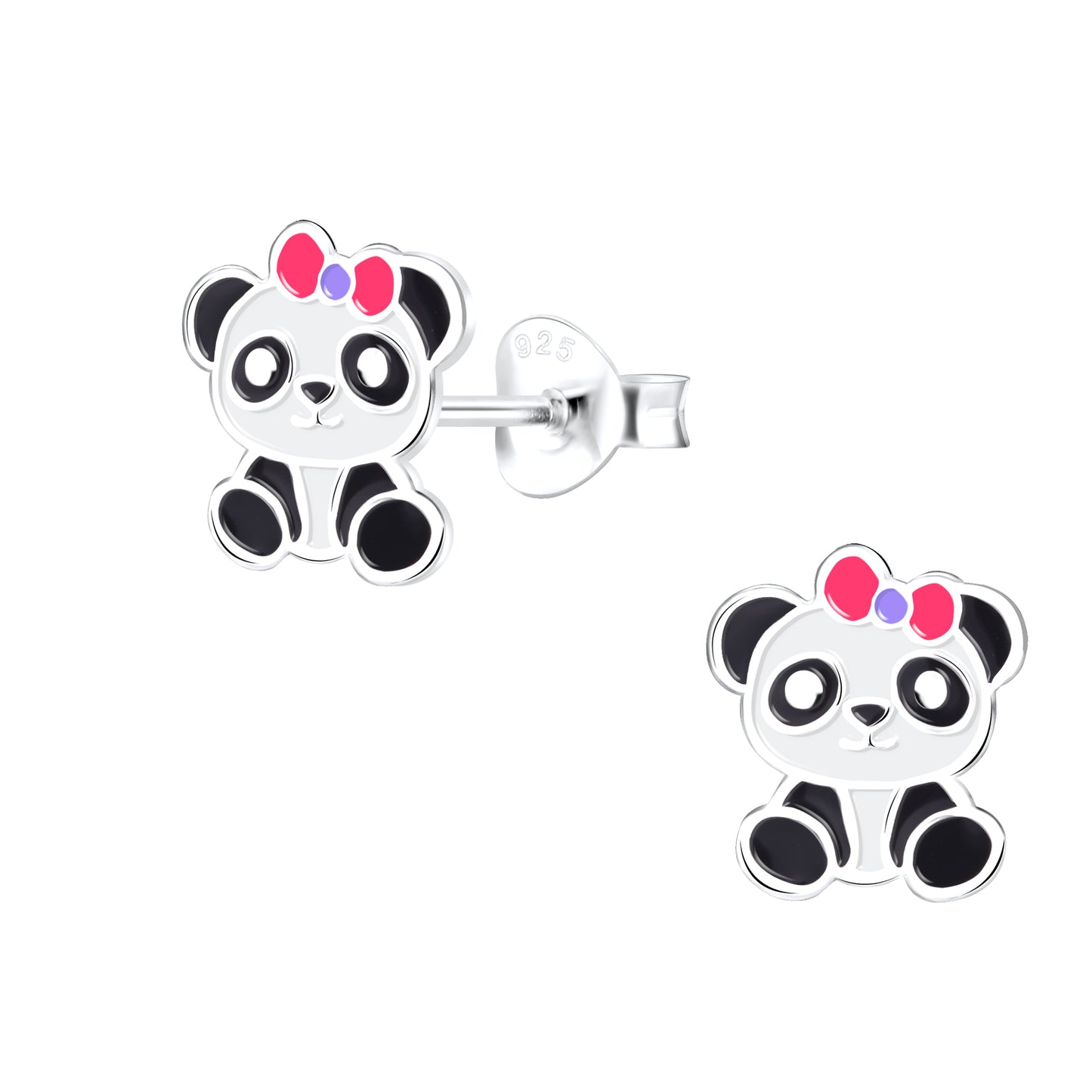 Cute panda earrings for children by Melchior Jewellery featuring silver studs with pink bow details