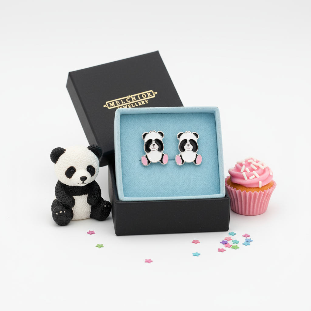 Cute panda earrings for girls by Melchior Jewellery displayed in black and blue box with toy panda and pink cupcake