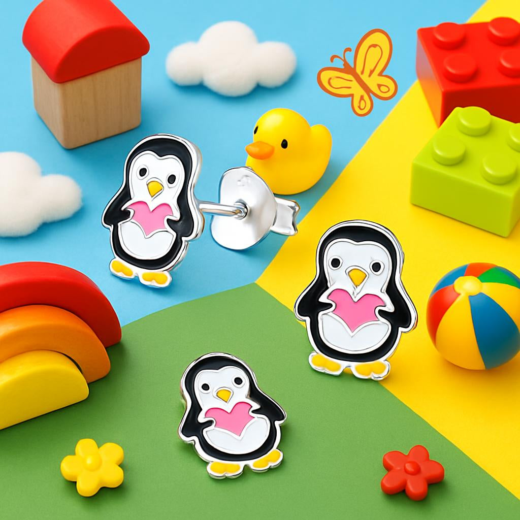 Cute penguin stud earrings for kids by Melchior Jewellery displayed with colourful toys and playful background