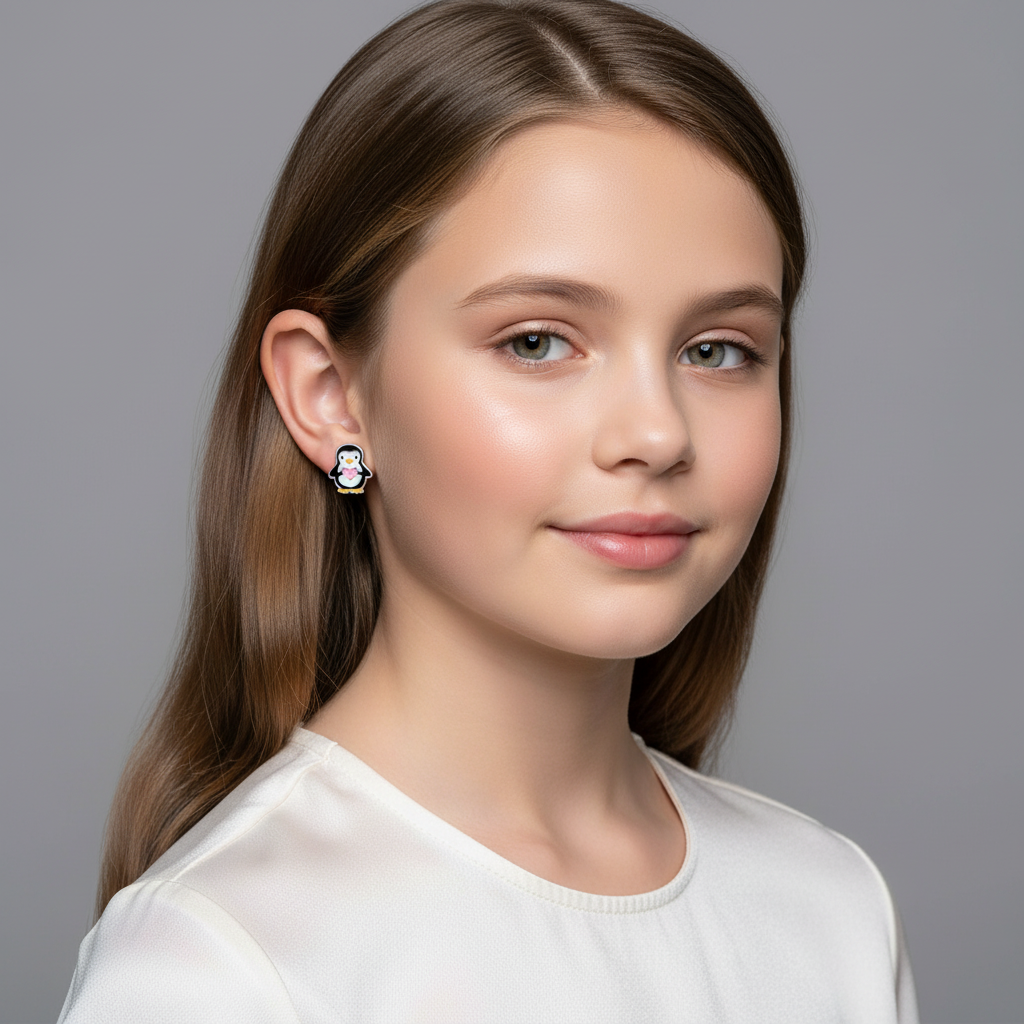 Cute penguin stud earrings for kids worn by girl showing Melchior Jewellery childrens earrings