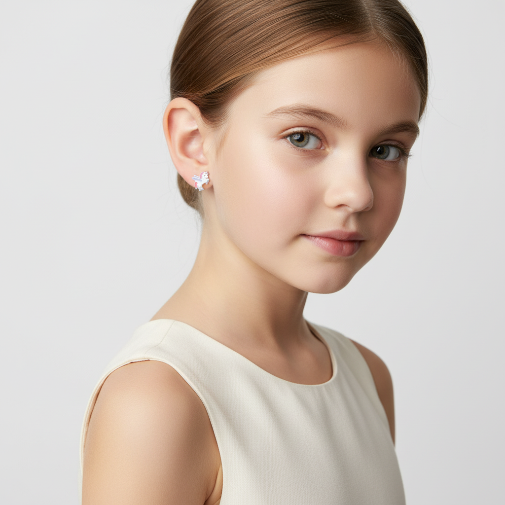Cute silver unicorn earrings worn by a young girl from Melchior Jewellery in a white dress