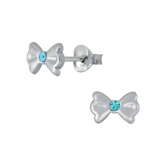 Melchior Jewellery silver cz bow earrings for girls with blue cubic zirconia centre studs