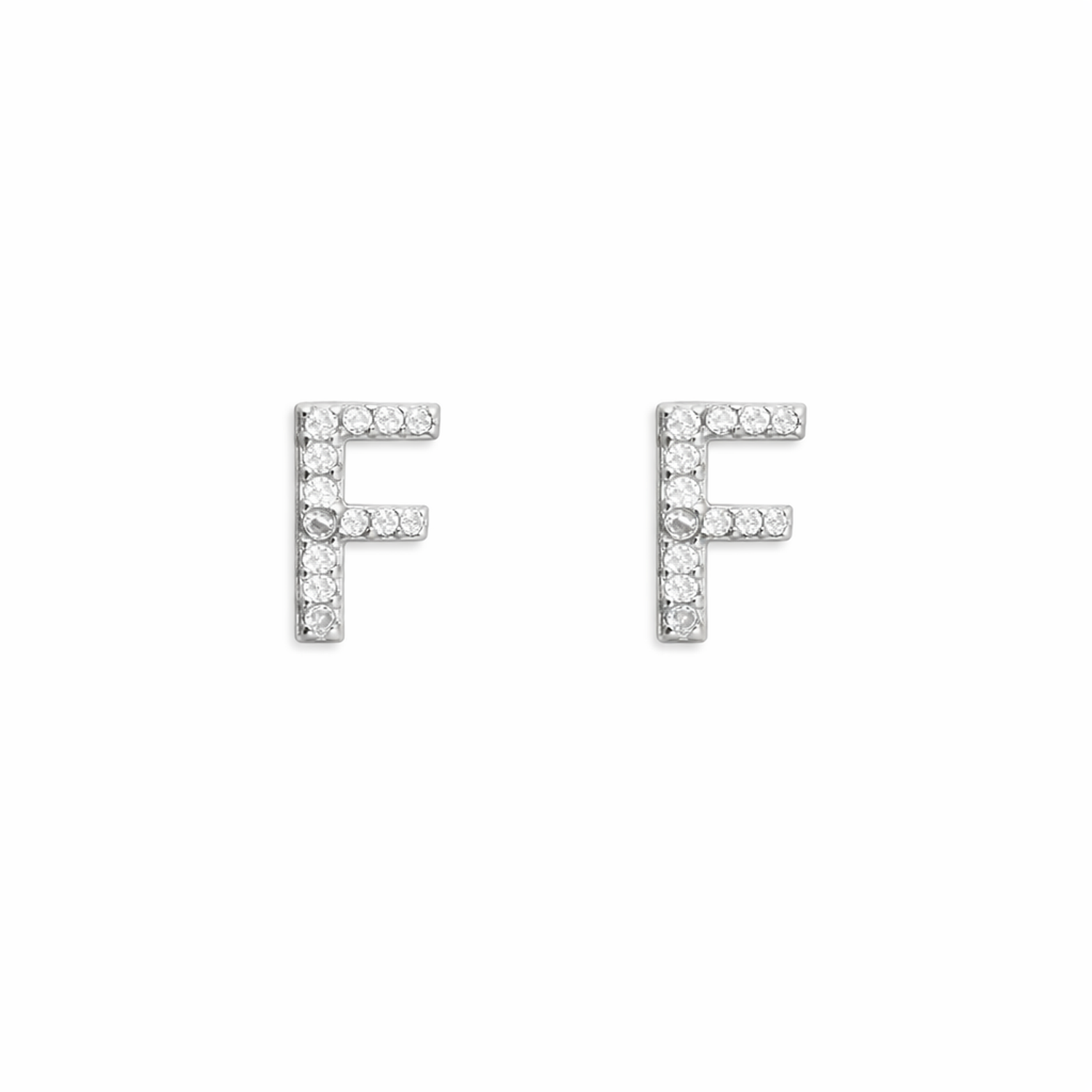 Silver CZ Letter F Stud Earrings with sparkling clear cubic zirconia stones by Melchior Jewellery