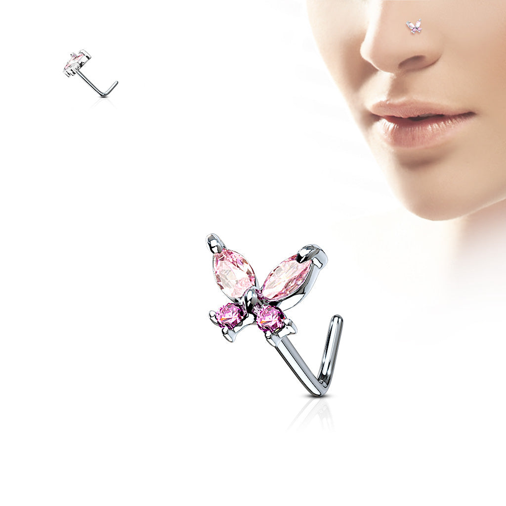 Melchior Jewellery pink butterfly CZ set surgical steel nose piercing L shaped stud worn on model nostril