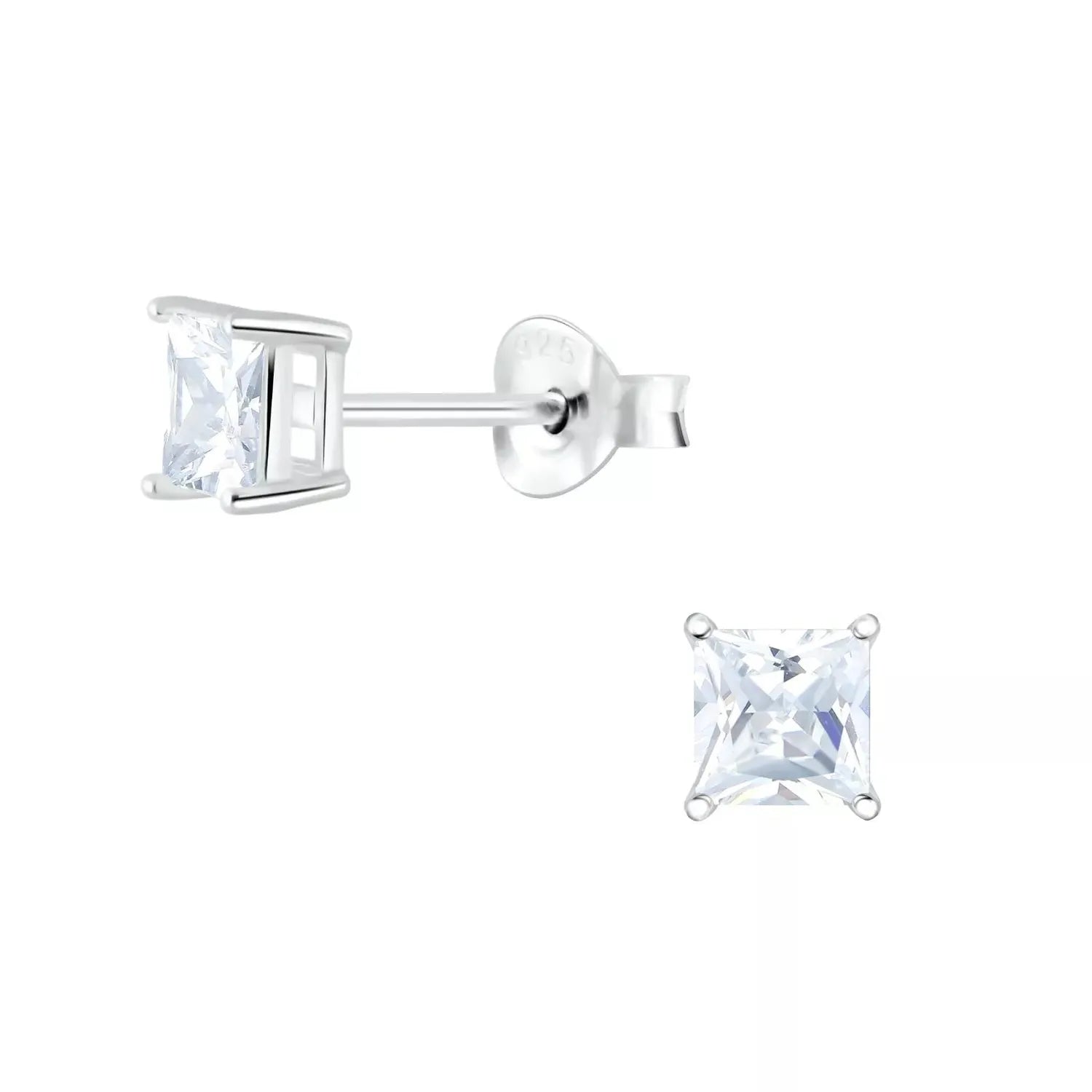 Melchior Jewellery CZ square 4mm stud earrings in silver with clear sparkling stones