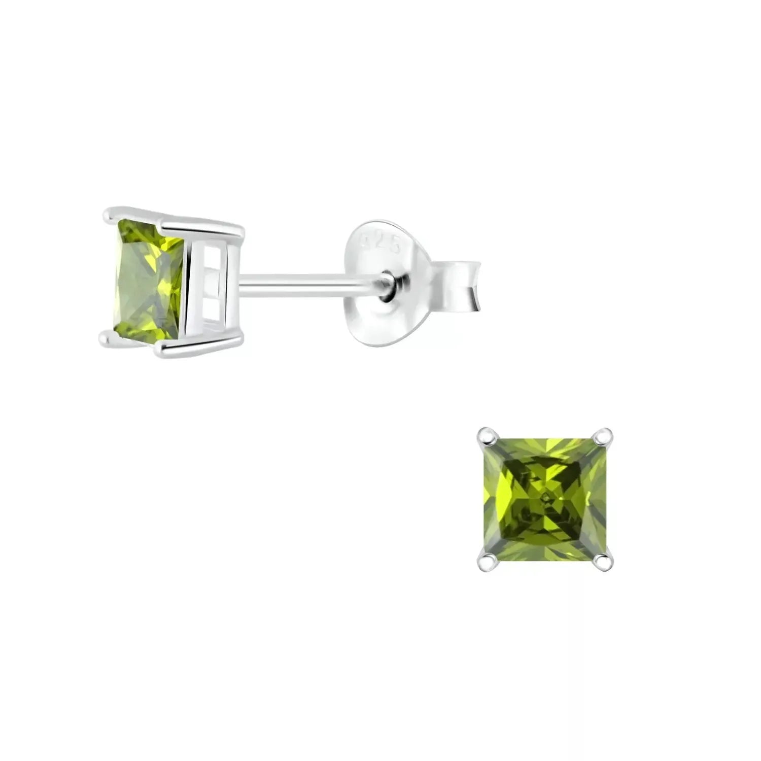 Melchior Jewellery CZ square 4mm stud earrings with green square-cut stones in silver setting