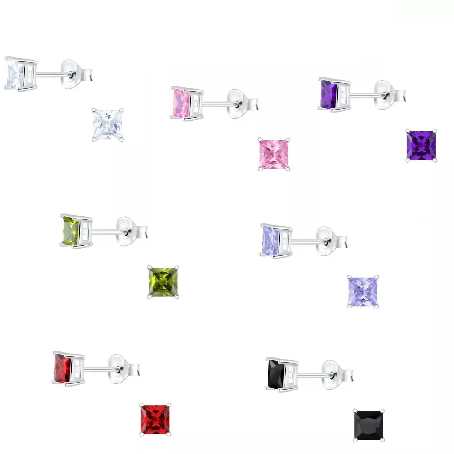 Melchior Jewellery CZ square 4mm stud earrings in various colours including clear, pink, purple, green, blue, red, and black