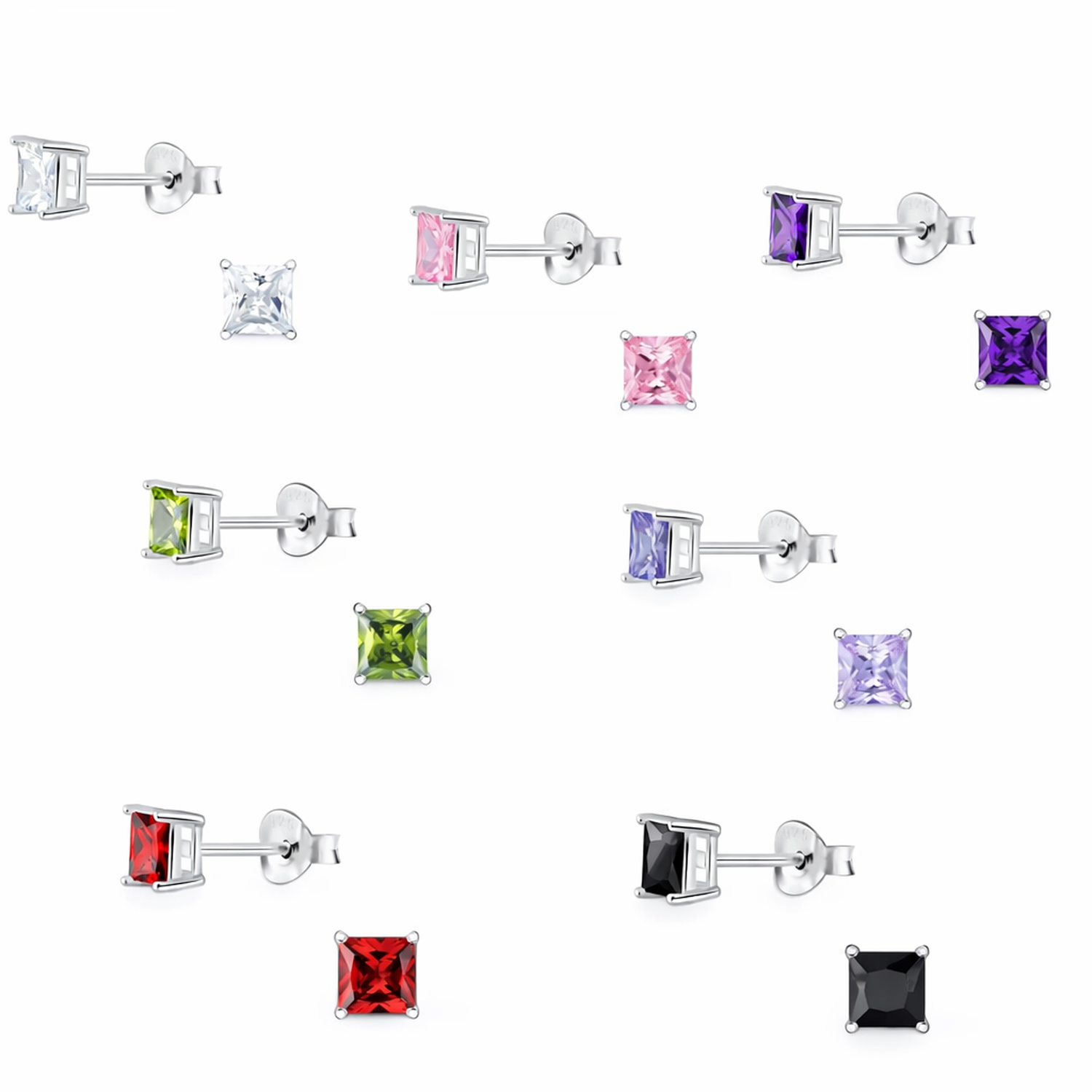 Melchior Jewellery CZ square 4mm stud earrings in multiple colours including clear, pink, purple, green, red, and black