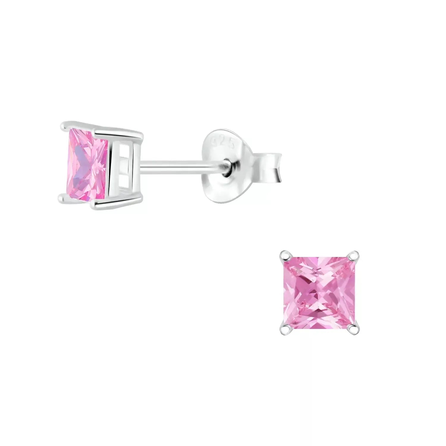 Melchior Jewellery CZ square 4mm stud earrings with pink cubic zirconia and silver setting