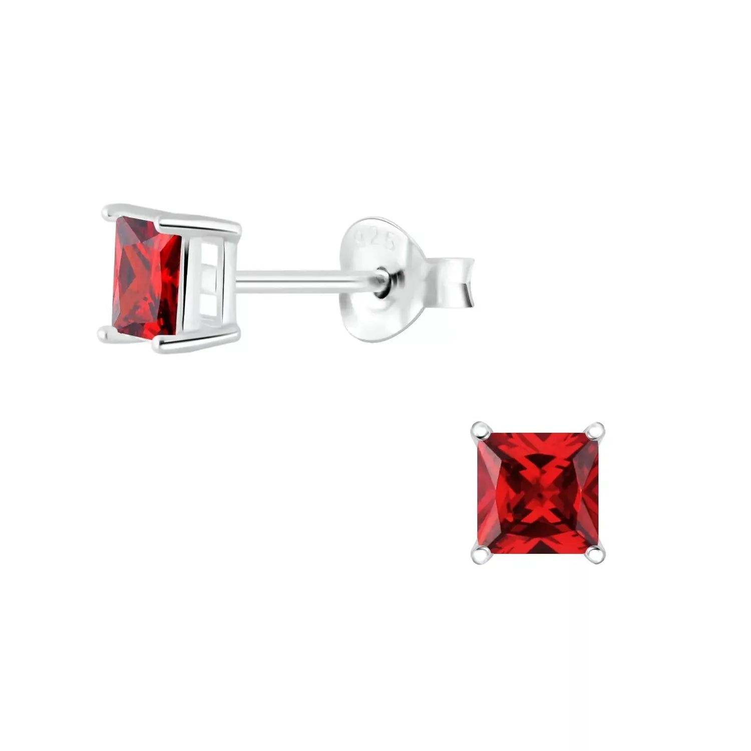Melchior Jewellery CZ square 4mm stud earrings with red square-cut stones in silver setting