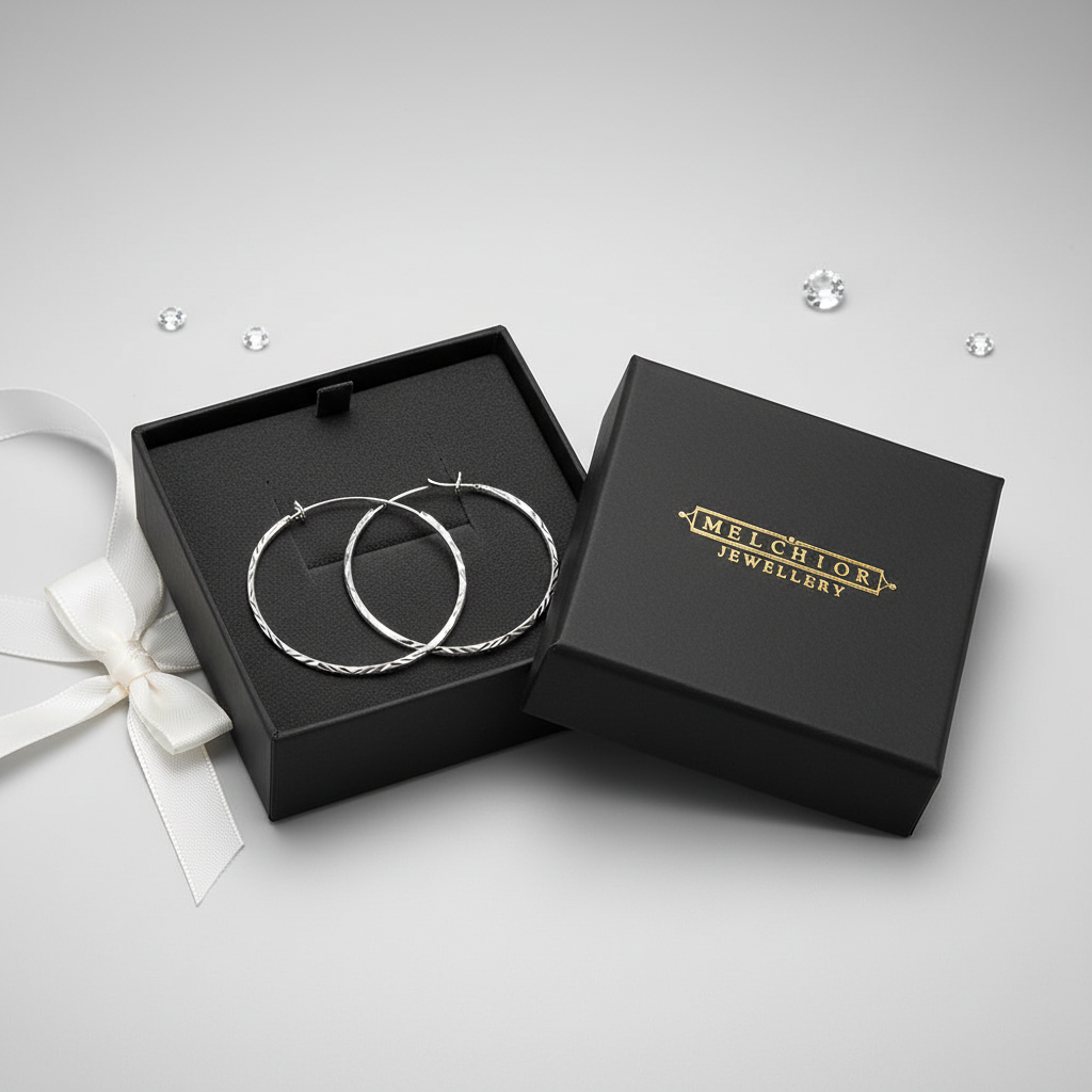 Diamond cut silver hoop earrings by Melchior Jewellery displayed in a black gift box with white ribbon