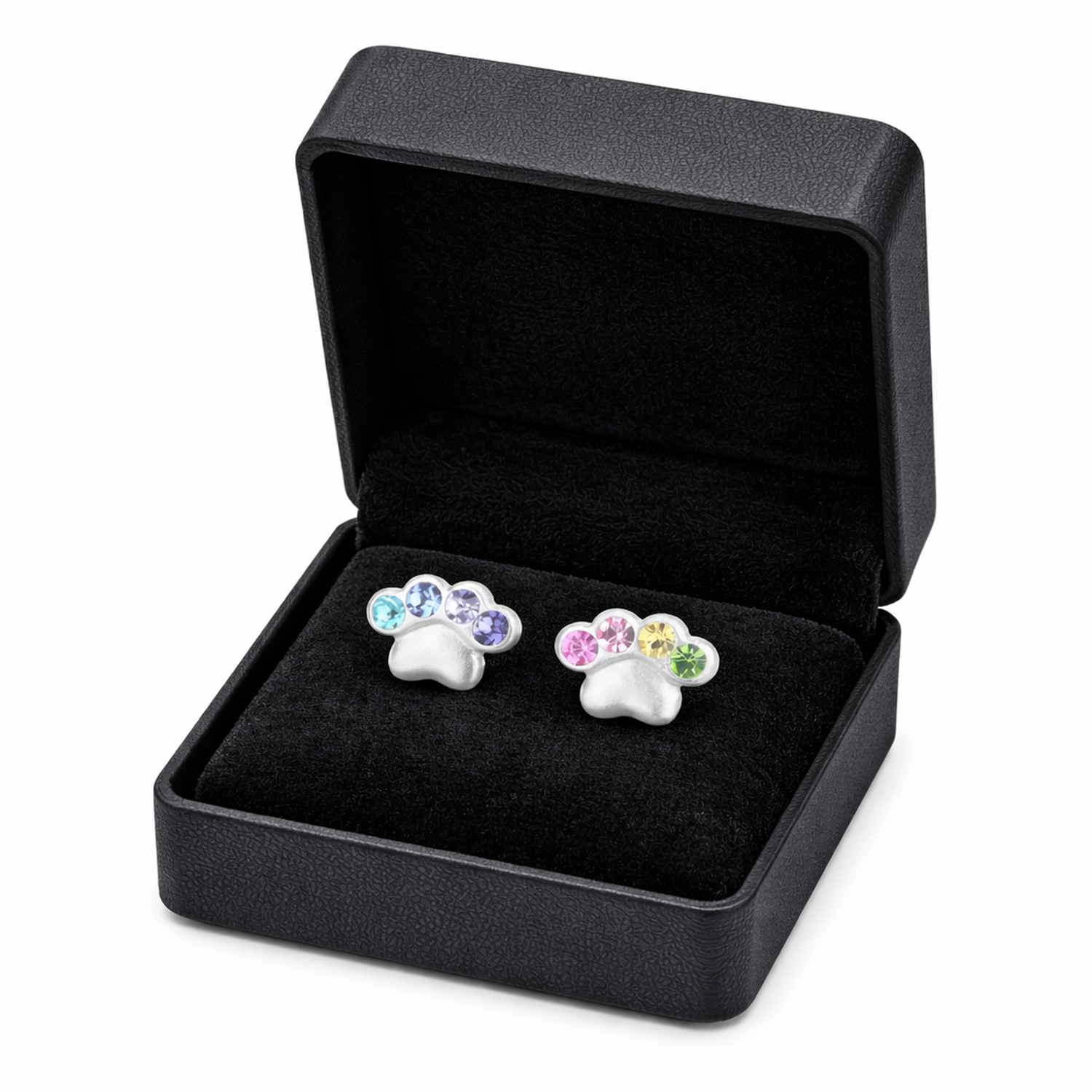 Melchior Jewellery dog paw print earrings for children with colourful gemstones in black gift box