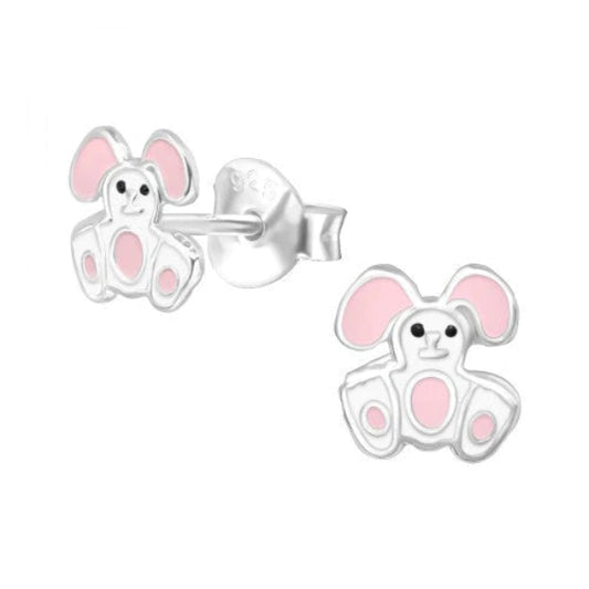Melchior Jewellery childrens easter bunny stud earrings in silver with pink enamel detailing