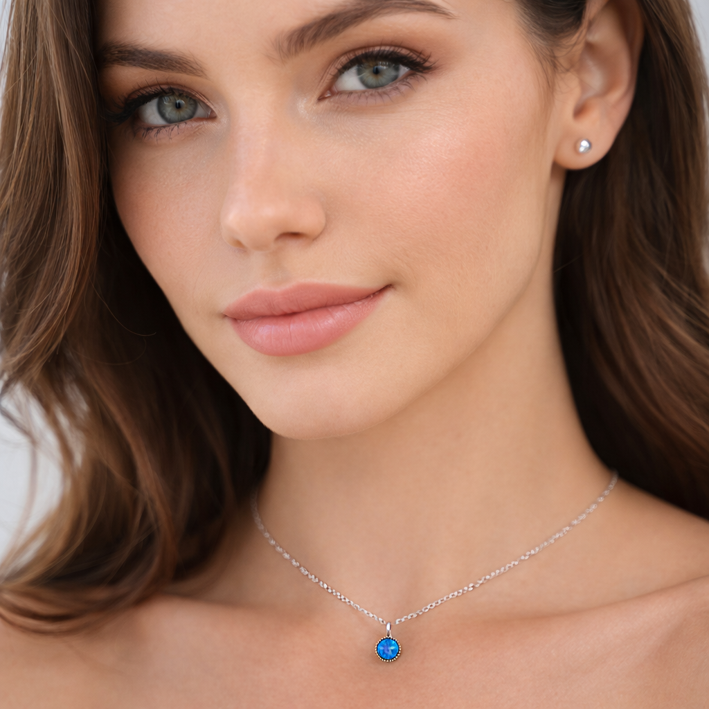 Melchior Jewellery elegant blue gemstone pendant necklace worn by woman with soft makeup