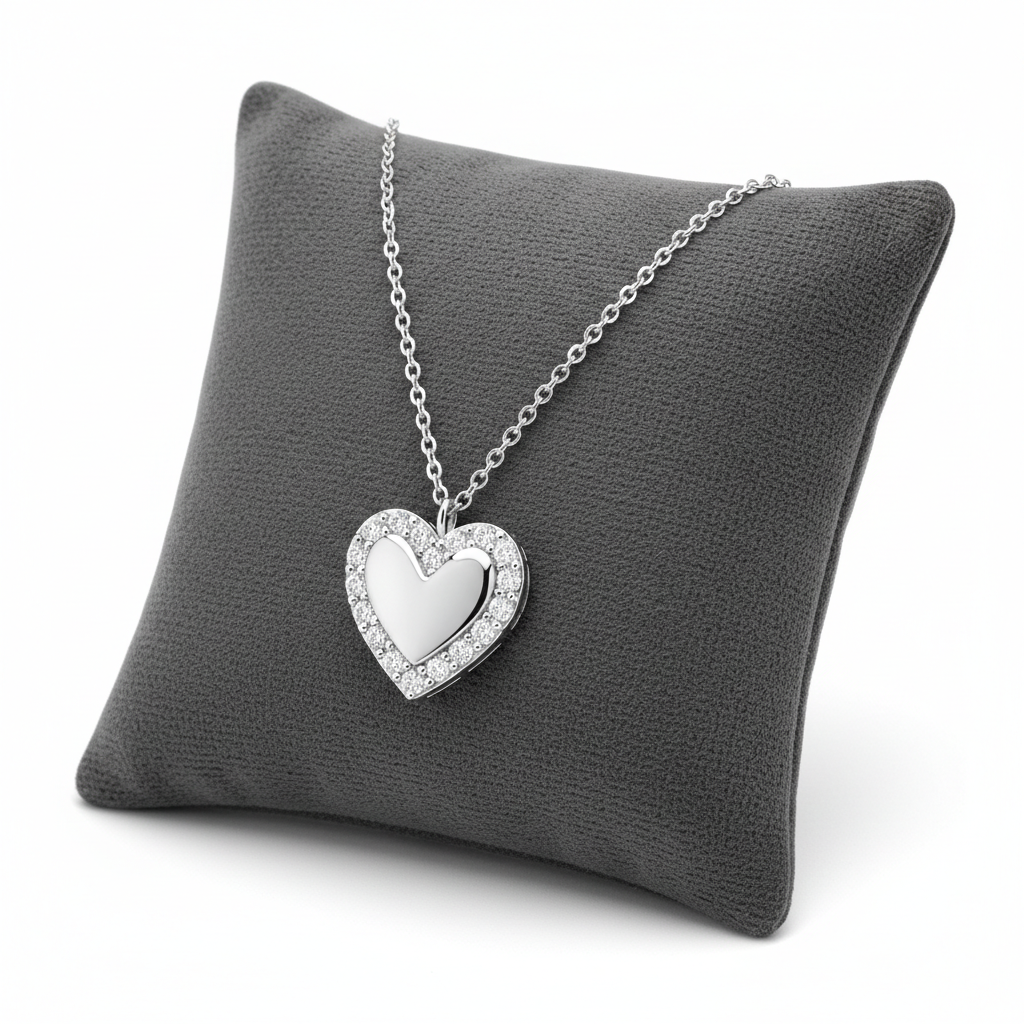 Elegant silver necklace for her with heart-shaped pendant on silver chain displayed on grey cushion