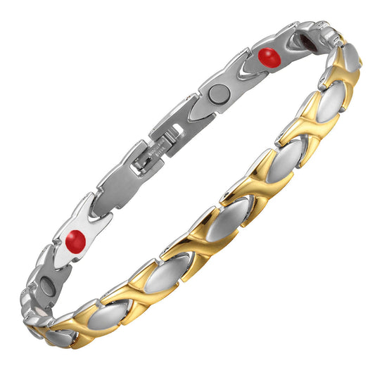 Melchior Jewellery elegant two tone magnetic bracelet with silver and gold links and red magnetic accents
