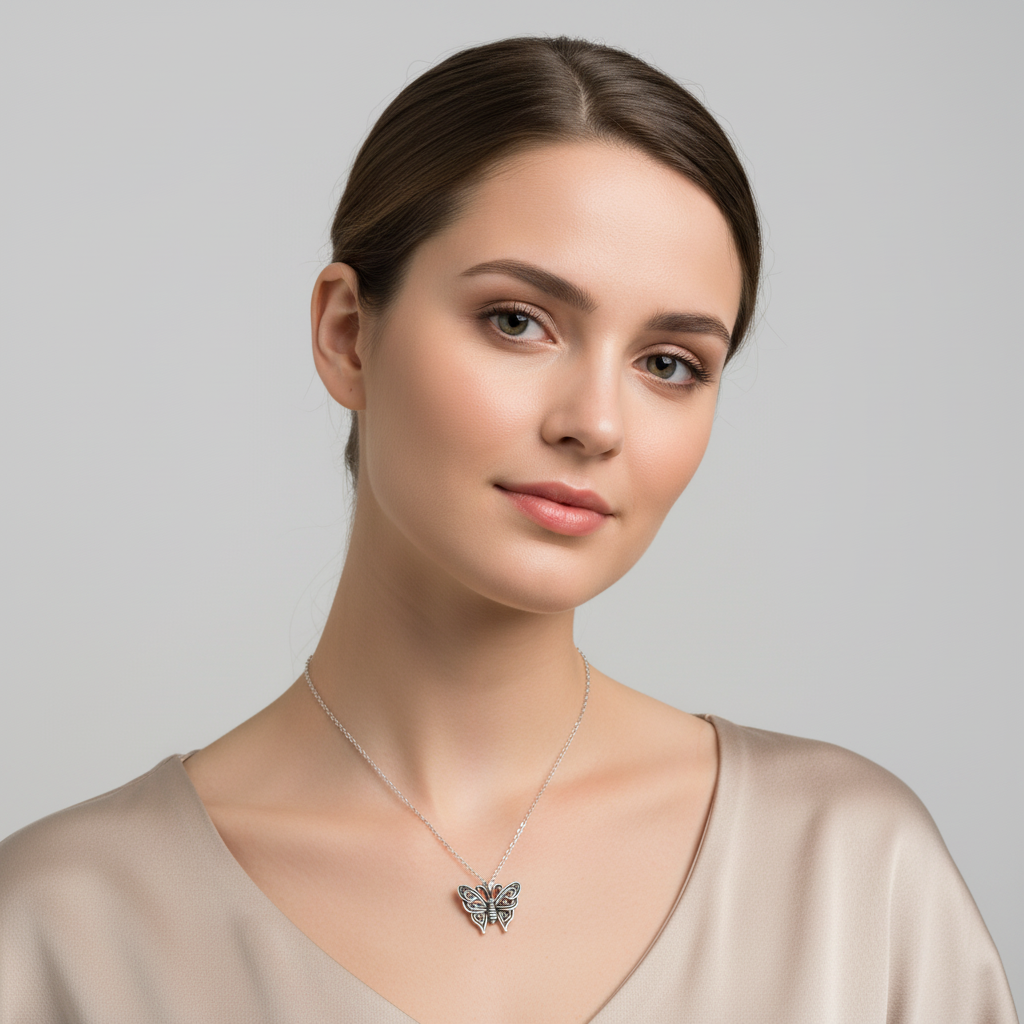 Melchior Jewellery fancy butterfly charm necklace worn by woman with beige satin top