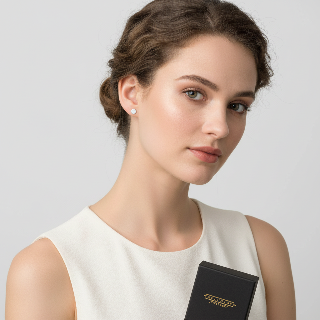 Woman wearing flat round silver stud earrings from Melchior Jewellery with a white sleeveless top