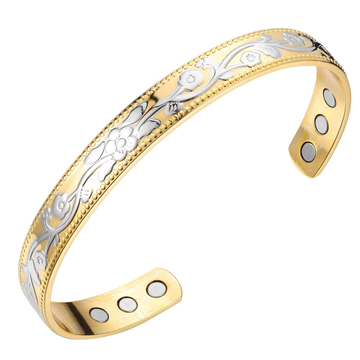 Melchior Jewellery gold and silver floral cuff with three interior magnets floral magnetic copper therapy bangle