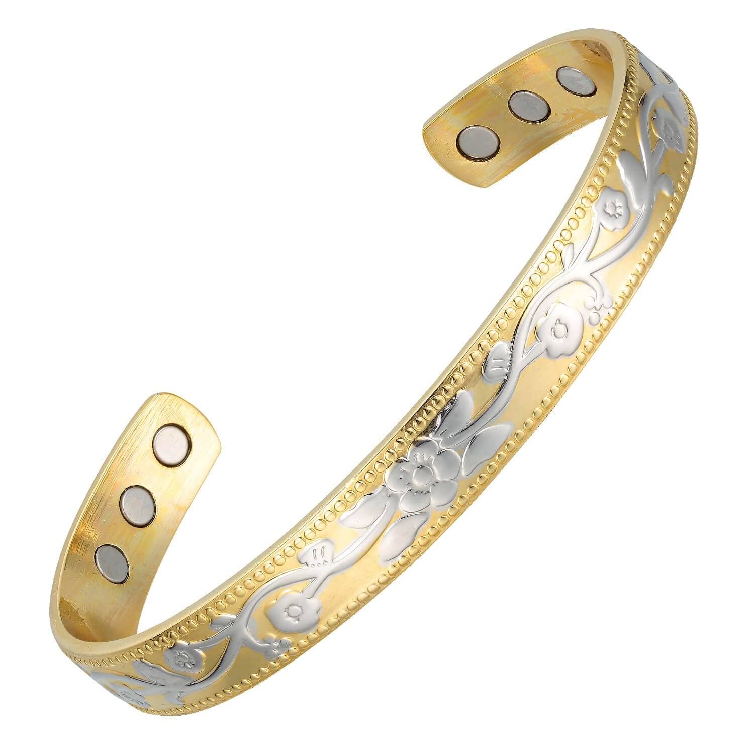 Melchior Jewellery gold and silver engraved cuff with internal magnets floral magnetic copper therapy bangle