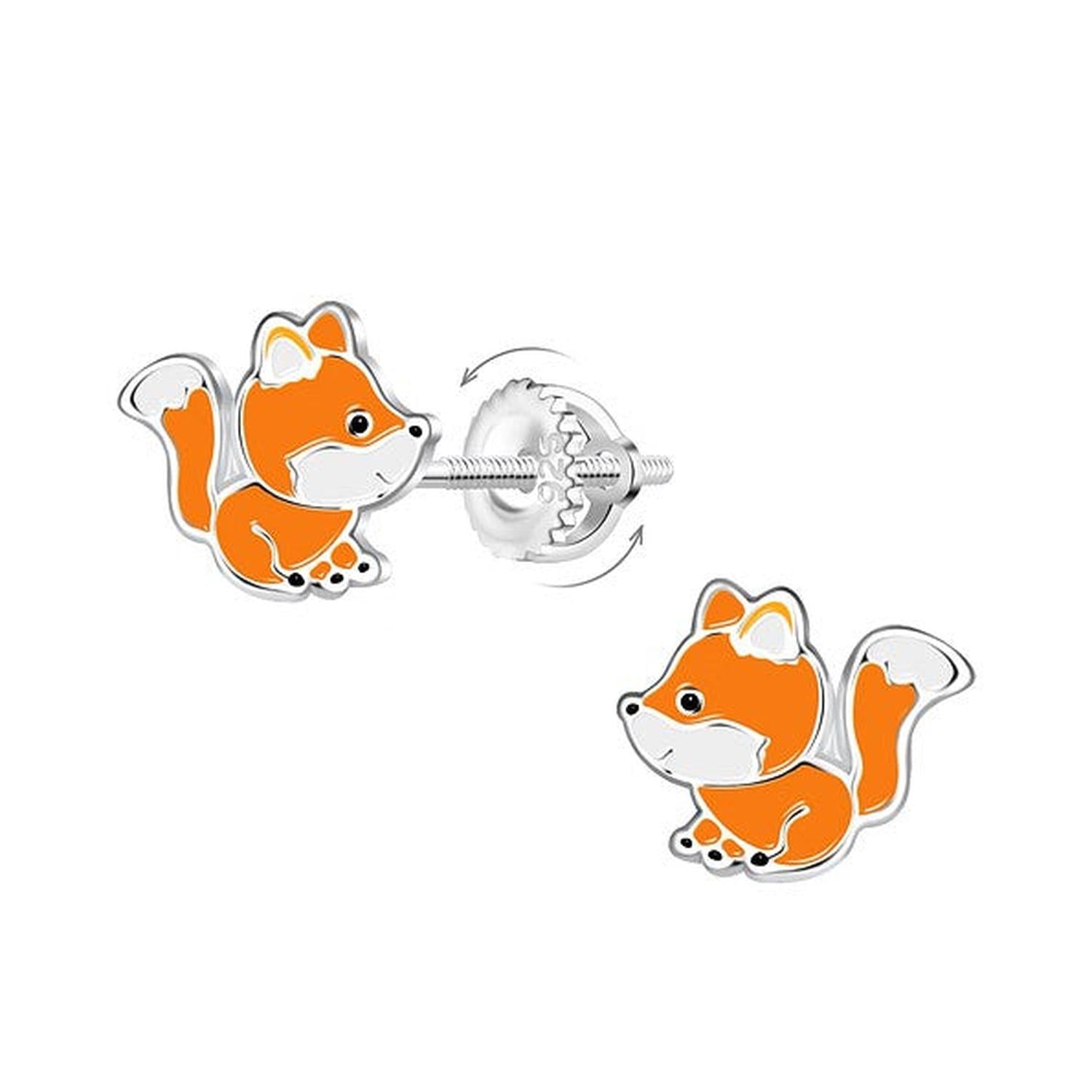 Melchior Jewellery orange and silver fox screw back earrings with detailed enamel finish