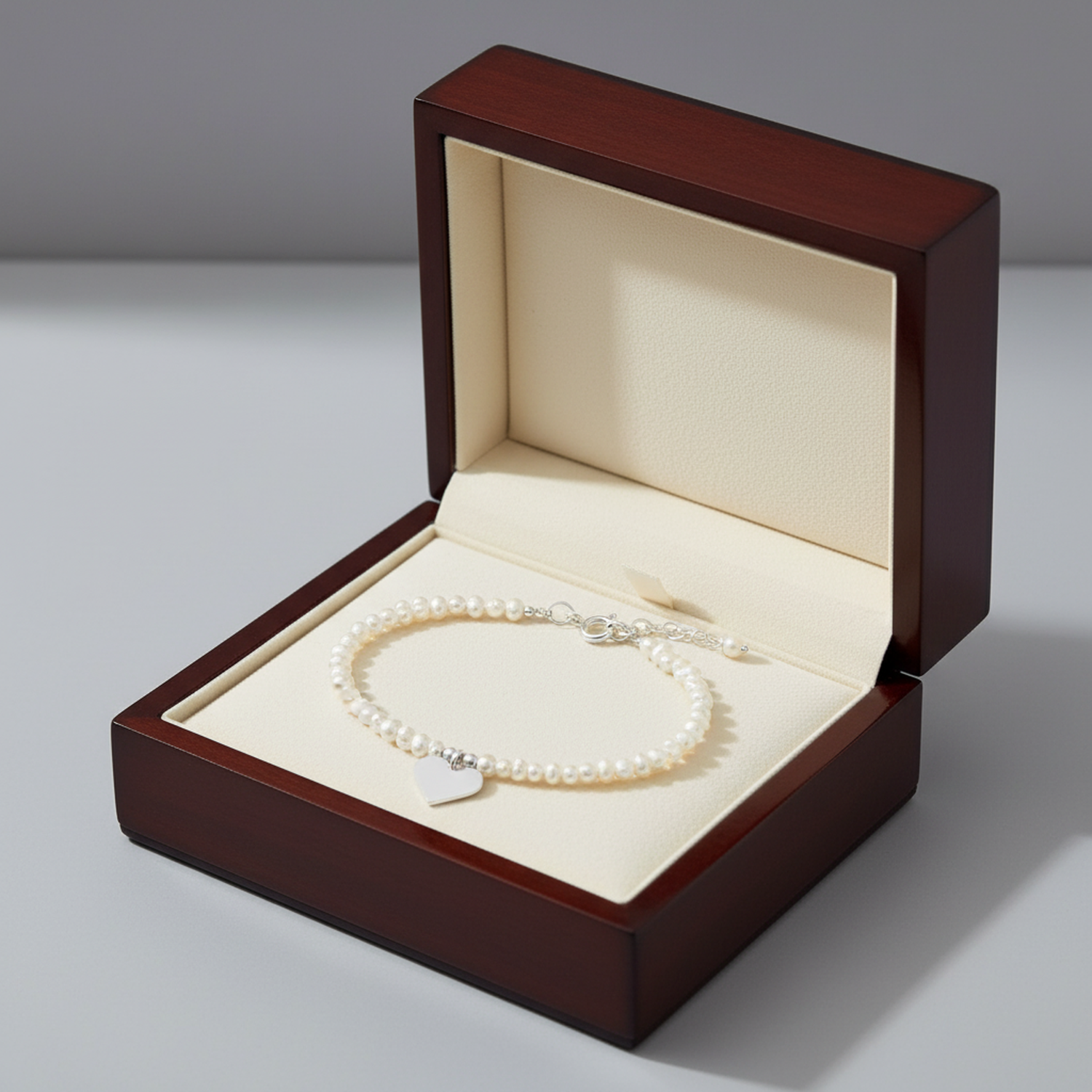Freshwater pearl heart charm bracelet displayed in a wooden jewellery box by Melchior Jewellery
