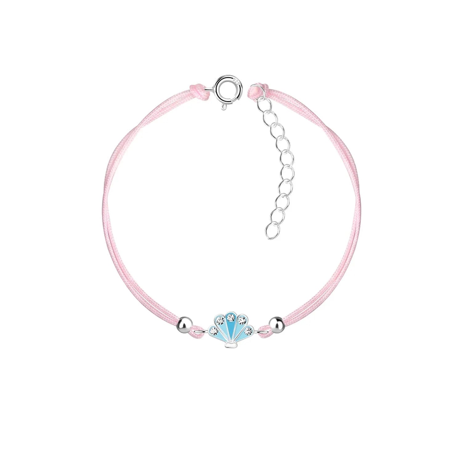 Pink friendship bracelet girls with blue shell charm and silver beads by Melchior Jewellery