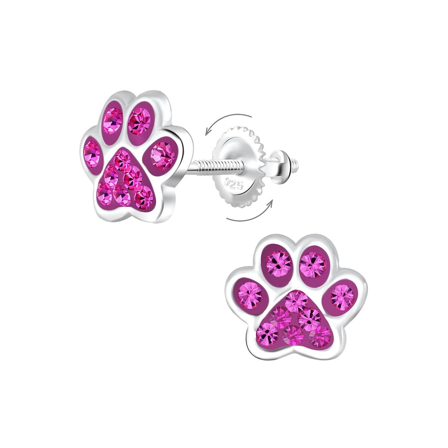 Melchior Jewellery fuchsia crystal paw stud earrings with bright pink crystals and silver-tone setting