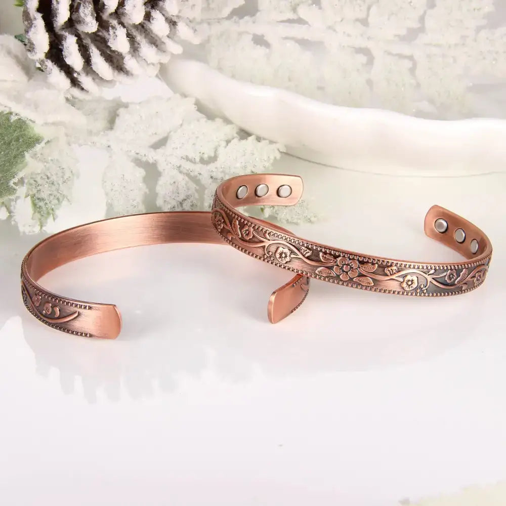 Melchior Jewellery fully magnetic floral bracelet pair in rose copper engraved cuff with magnetic studs
