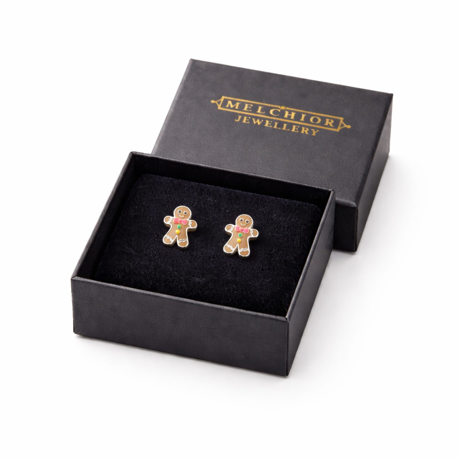 Melchior Jewellery gingerbread man stud earrings for children in a black branded gift box