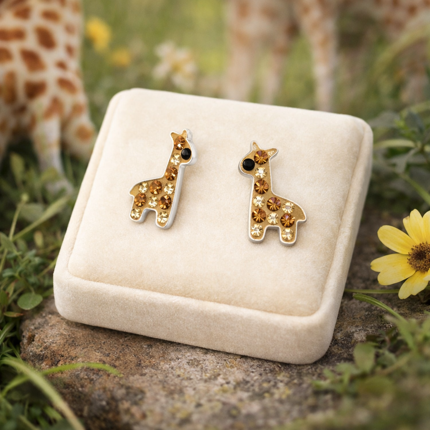 Melchior Jewellery giraffe shaped earrings for children with gold tones and crystal details on soft display