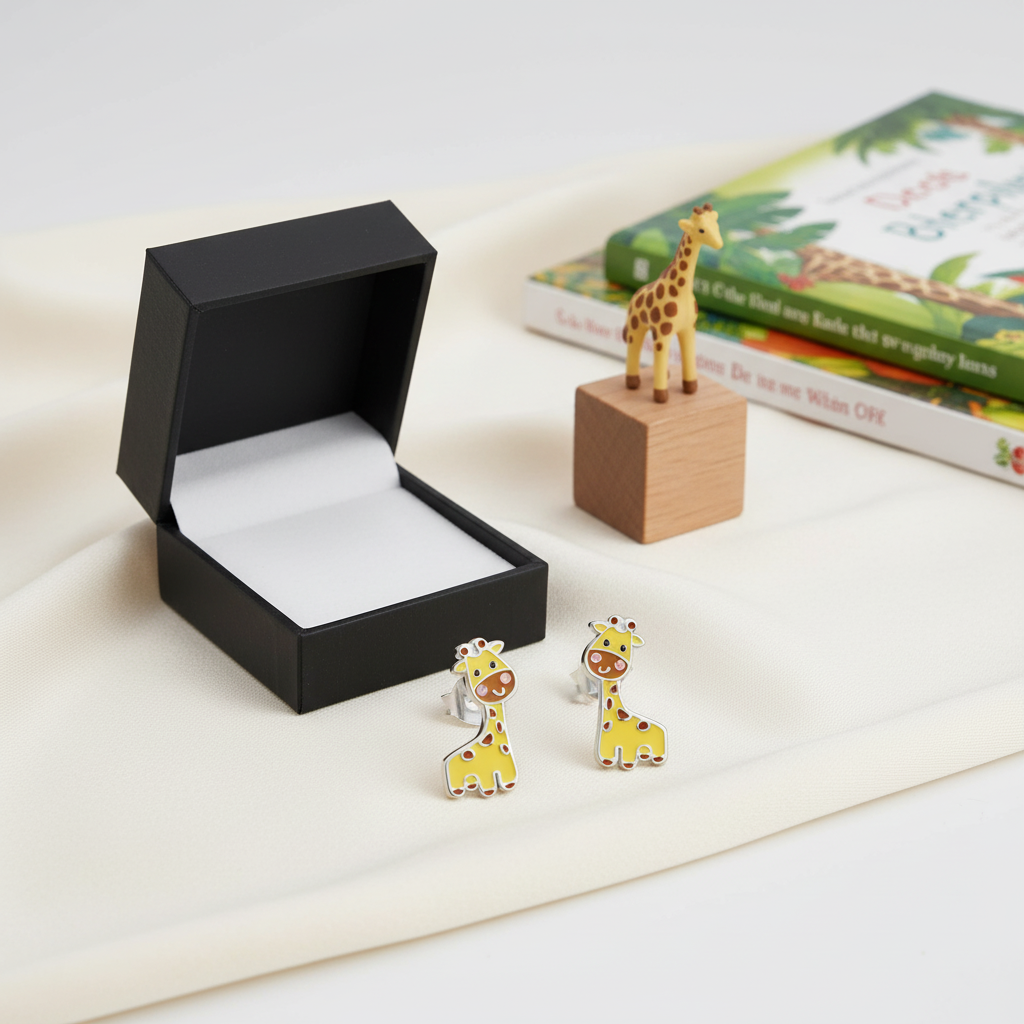 Melchior Jewellery giraffe shaped earrings for children next to black jewellery box and wooden giraffe figure