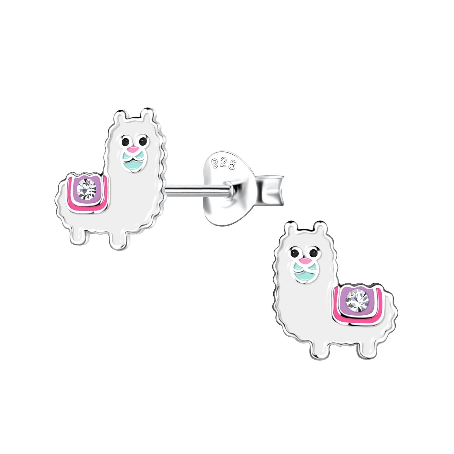 Melchior Jewellery girls alpaca earrings in silver with white enamel, pink and blue saddle and clear gemstone detail