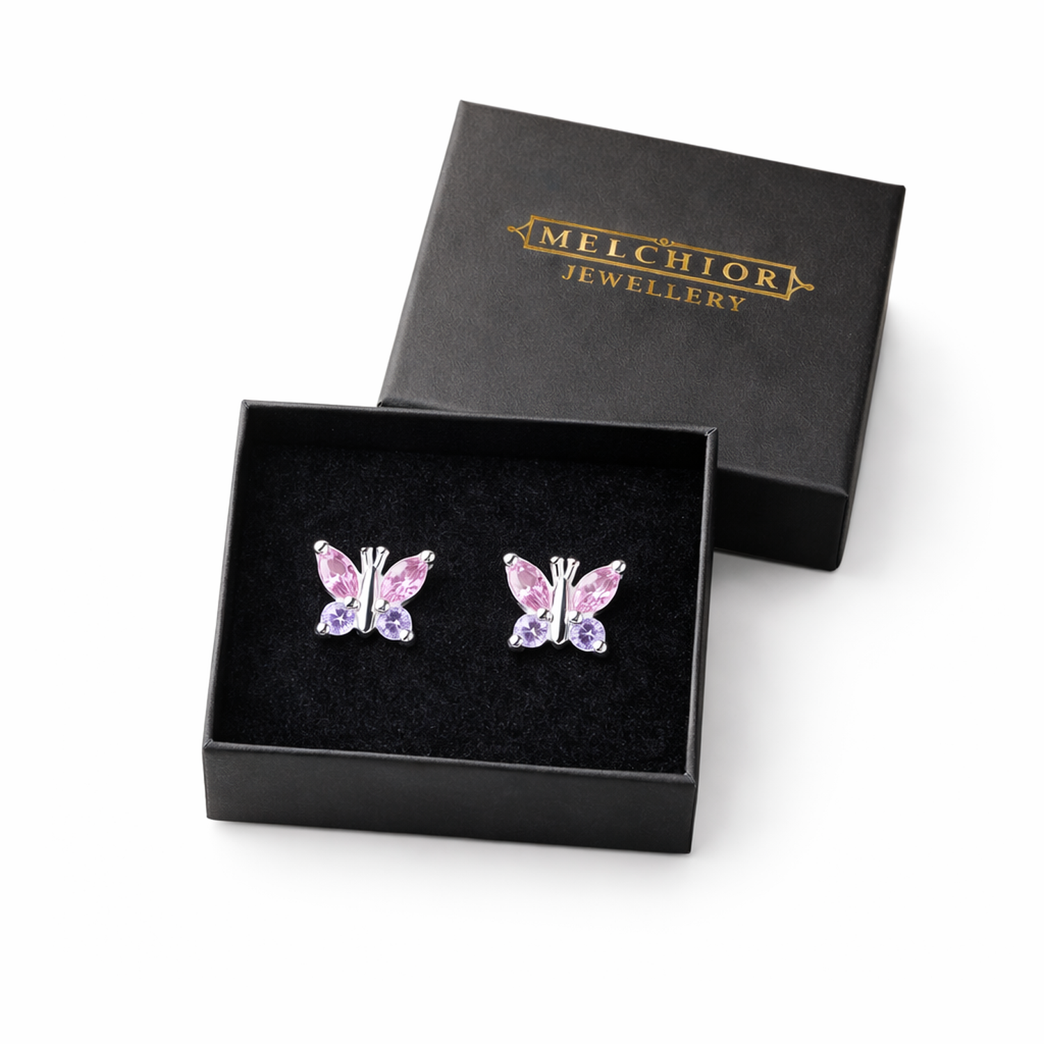 sterling silver pink and purple girls butterfly earrings from Melchior Jewellery in black gift box