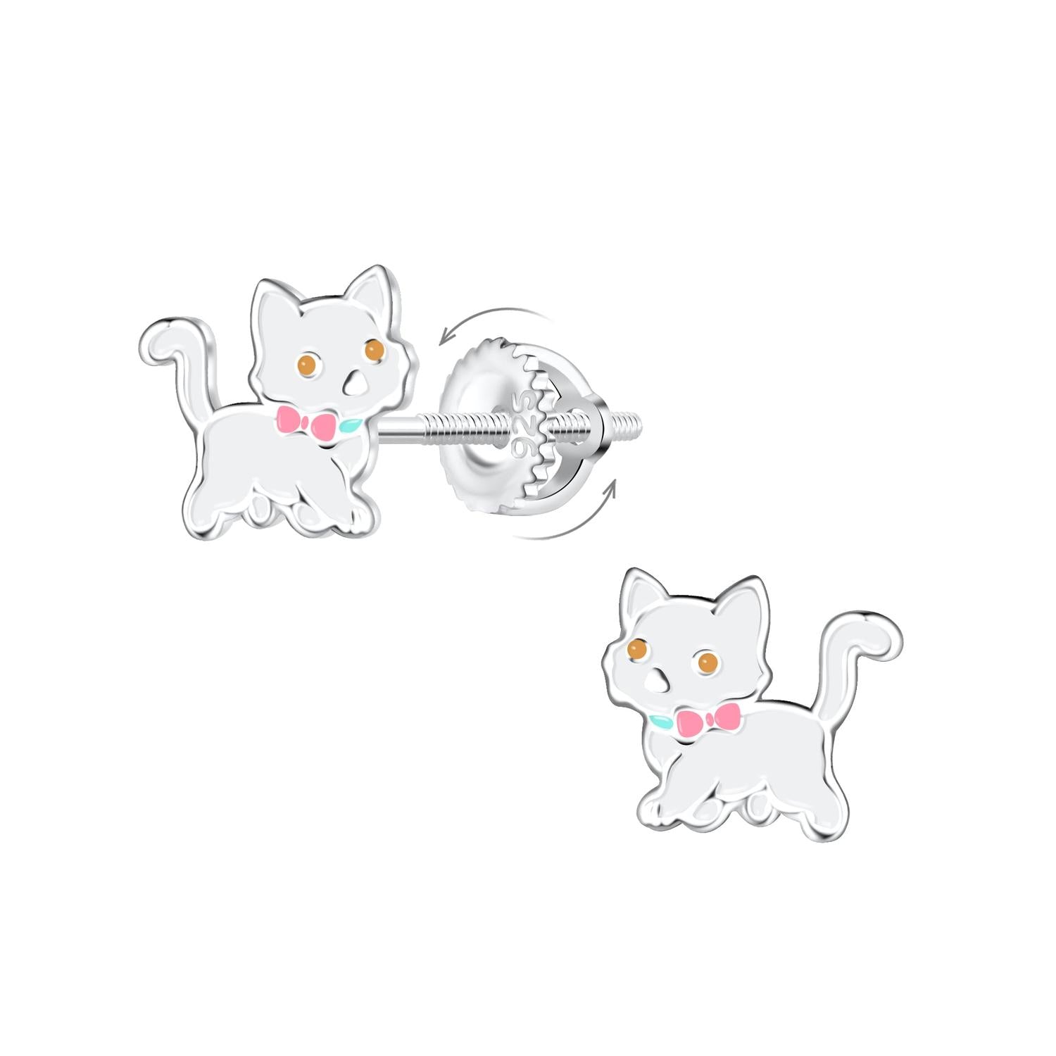 Silver girls cat earrings by Melchior Jewellery featuring cute white cats with orange eyes and pink bow ties