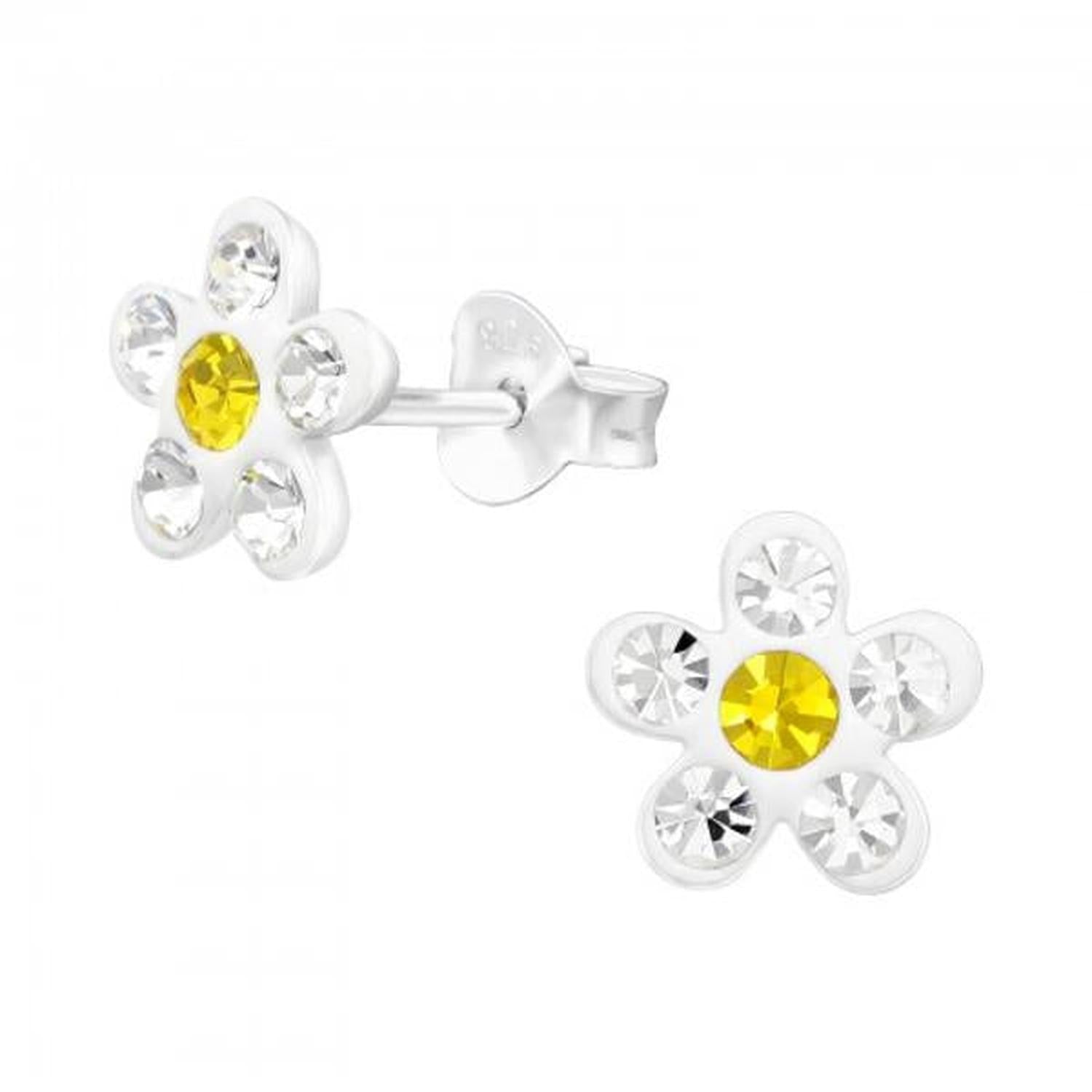 Melchior Jewellery girls daisy flower stud earrings with yellow centre and clear petals in silver setting