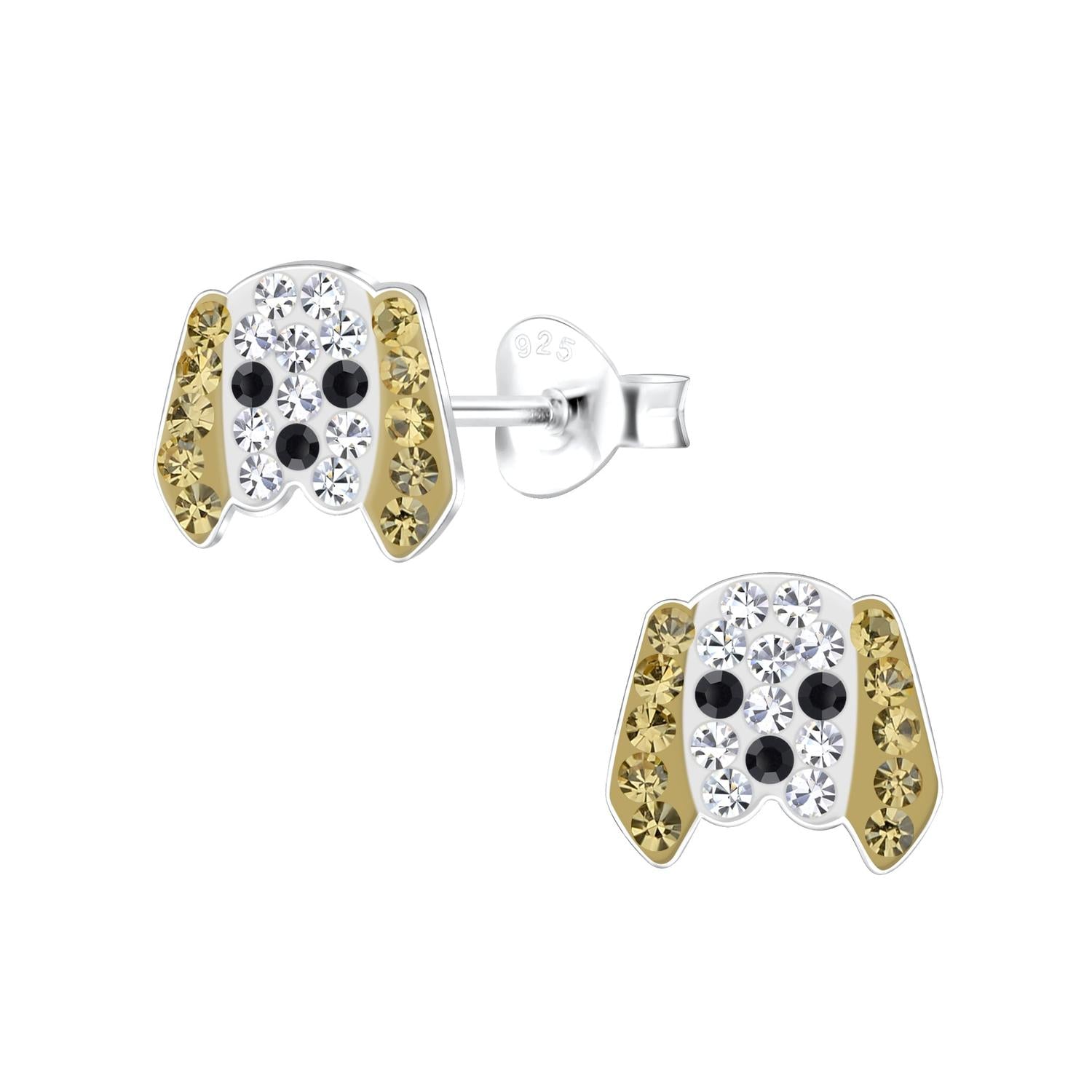 Girls Dog Stud Earrings by Melchior Jewellery featuring silver with gold and black crystal details